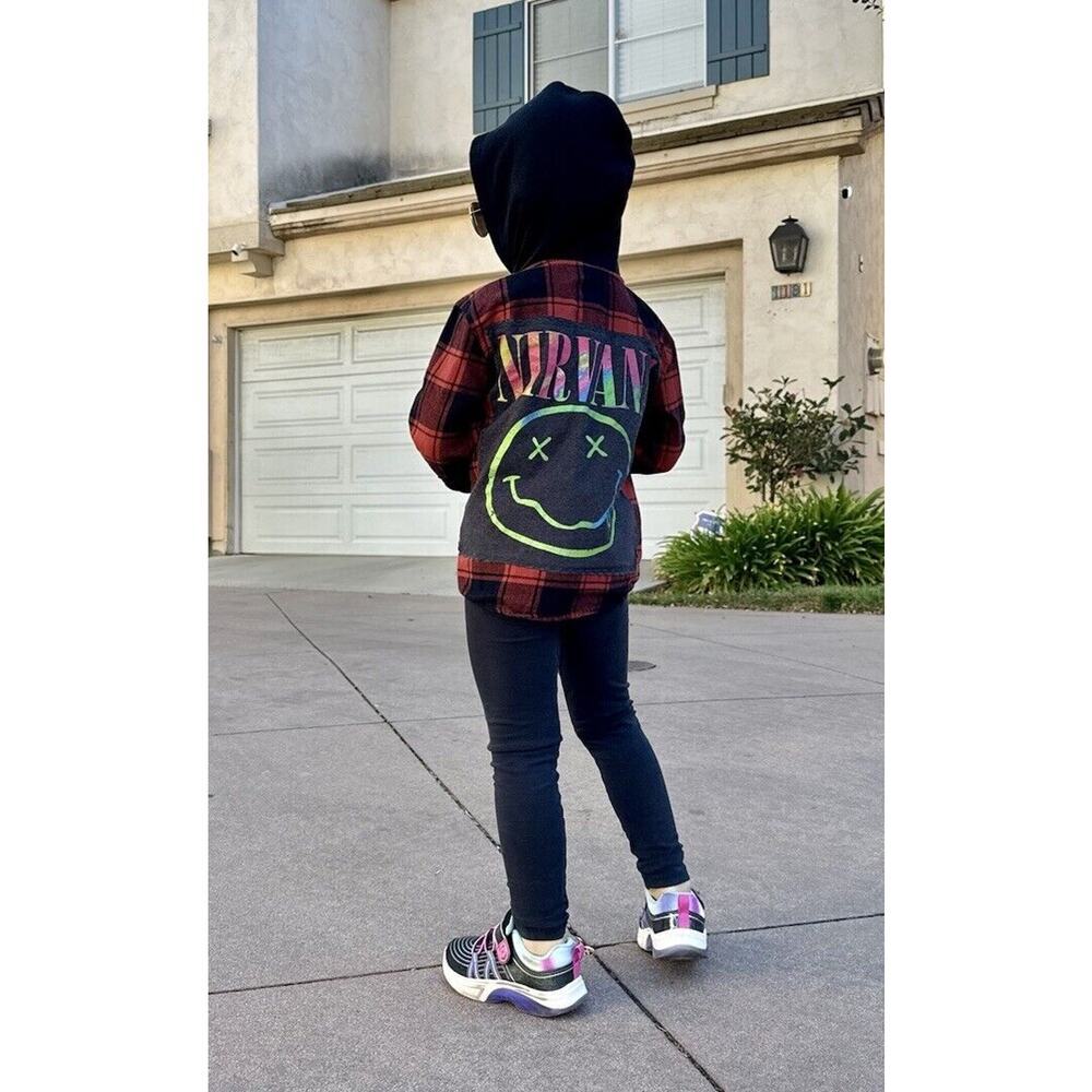 NIRVANA 80s 90s Rock Retro Vintage Upcycled Plaid Flannel Kids Hoodie Shirt 4T